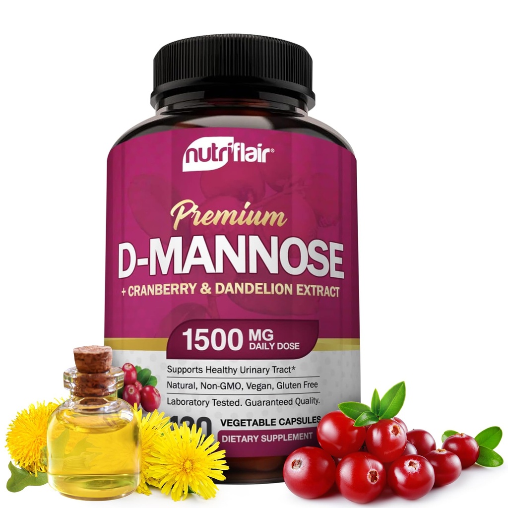 NutriFlair D-Mannose 1200mg, 120 Capsules - met Cranberry en Dandelion Extract - Natuurlijke urinetrek gezondheid UTI Ondersteuning - Best D Mannose Powder - Flush impurities, Detox Body, voor vrouwen en mannen