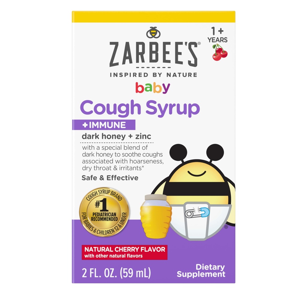 Zarbee's babyhoninghoest Siroop + Immune voor baby's 12-24 maanden, veilige en effectieve hoest Siroop met verzachtende donkere honing en zink voor Immune Ondersteuning*, Drug & Alcohol-Free, Cherry, 2 fl.oz