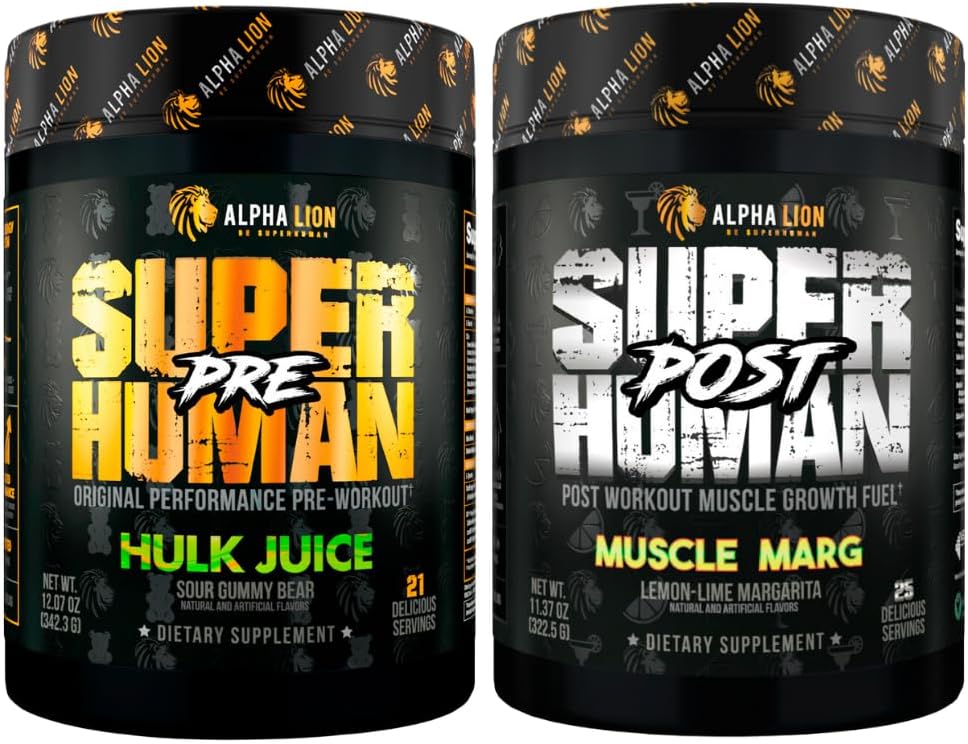 ALPHA LION Superhuman Pre Workout Powder & Post Workout Recovery Bundle, Sustained Energy & Focus + Lean Muscle Growth, Strength & Volume (Hulk sap & Muscle Marg