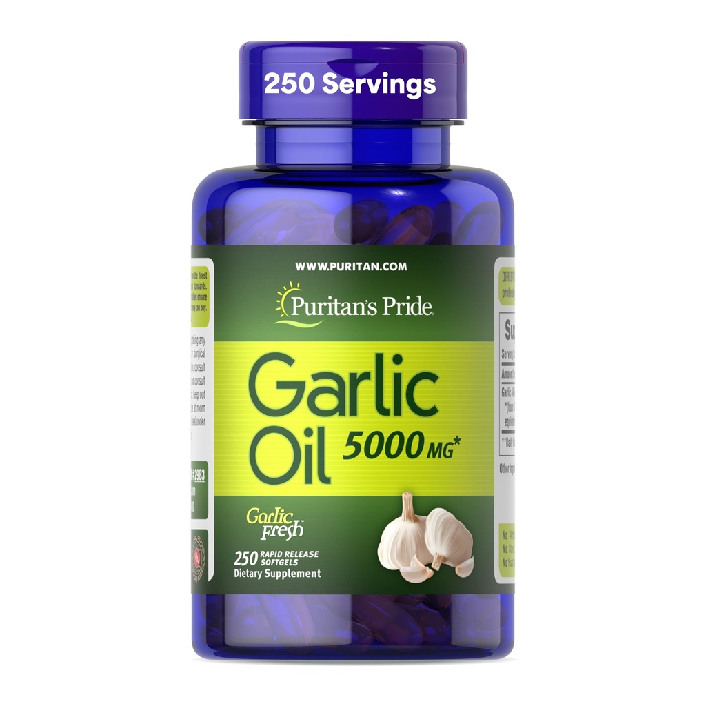 Puritan's Pride Premium Knoflook Vers 5000mg, Traditioneel Dieetsupplement voor Hartgezondheid en Oplage Ondersteuning met Antioxidant Eigenschappen, 250 Rapid Release Softgels