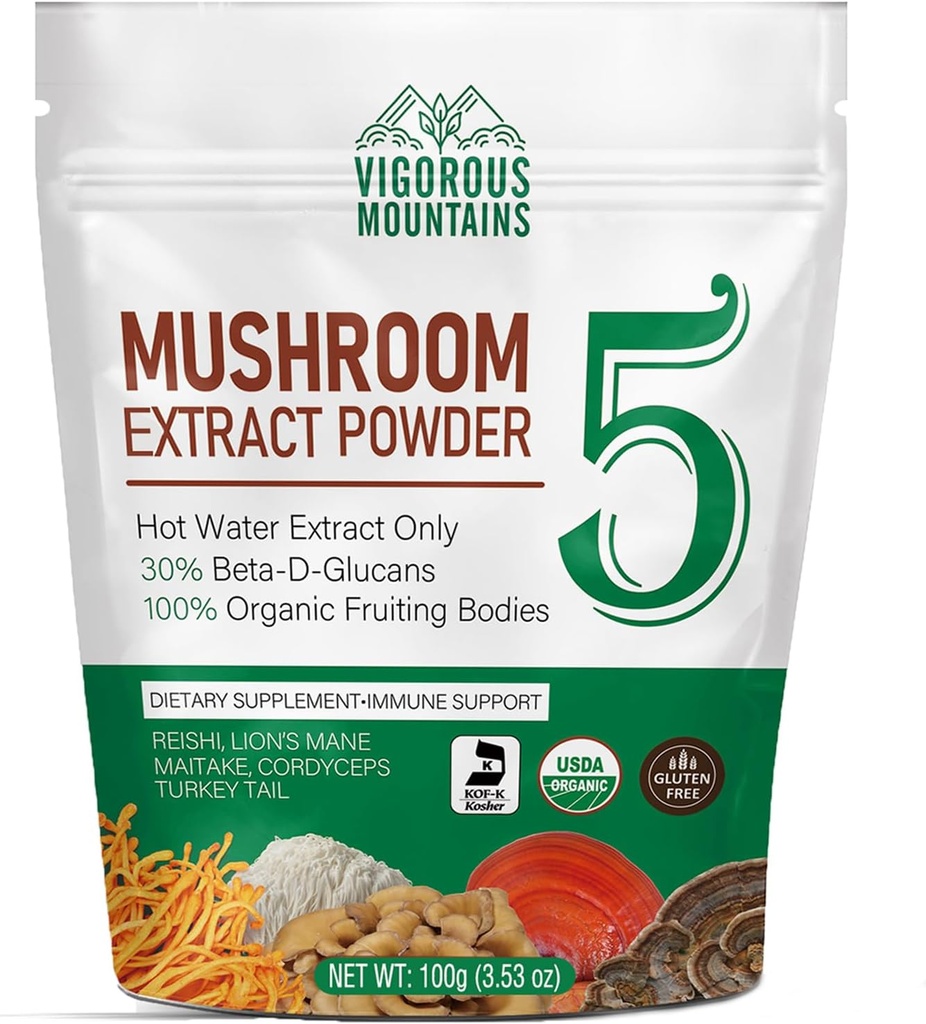 VIGOROUS MOUNTAINS Biologische Paddestoel Poeder Supplement - USDA Gecertificeerd, Lions Mane & Reishi voor Immune Support, Hersen Focus, Veganistisch, Mixes Direct in Koffie & Smoothies (100g)