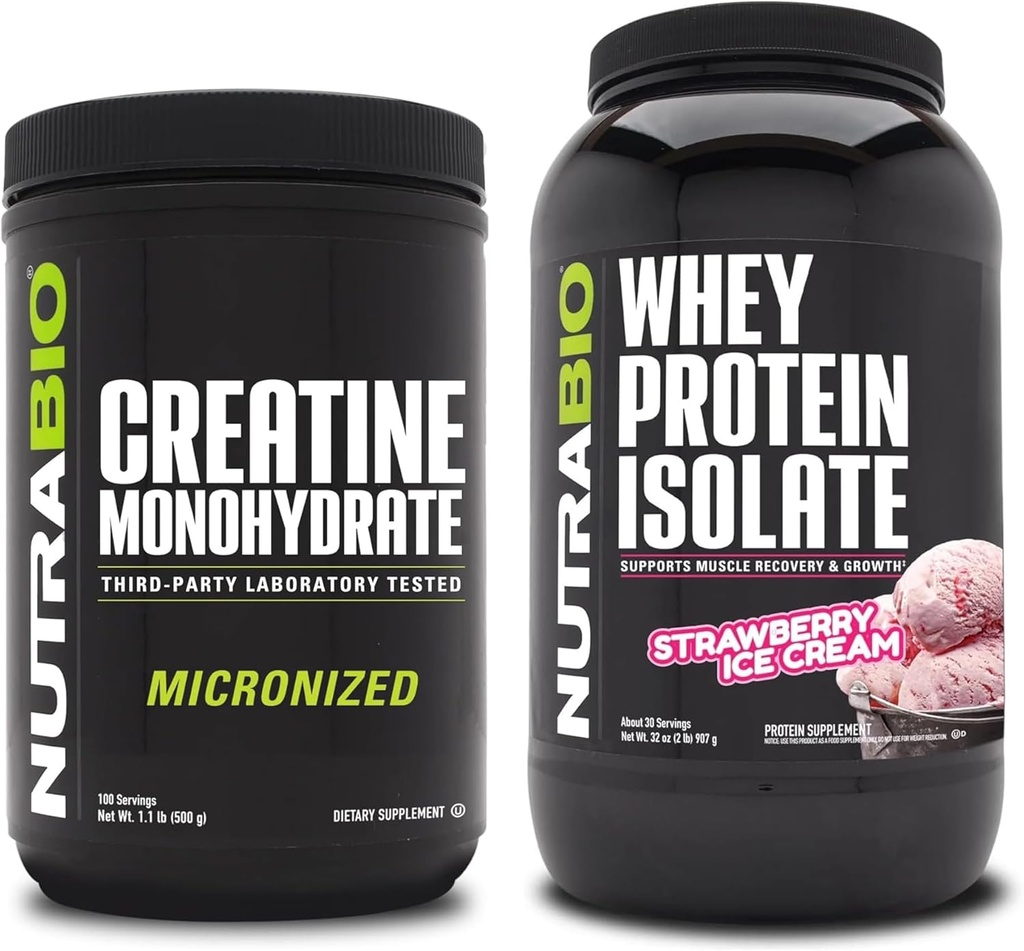 NutraBio Creatine Monohydraat, Unflavored, 500g en Wei Proteïne Isolaat, Strawberry Ice Cream, Supplement Bundle - Spierenergie, Lean Spiergroei, Herstel, en sterkte