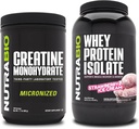 NutraBio Creatine Monohydraat, Unflavored, 500g en Wei Proteïne Isolaat, Strawberry Ice Cream, Supplement Bundle - Spierenergie, Lean Spiergroei, Herstel, en sterkte