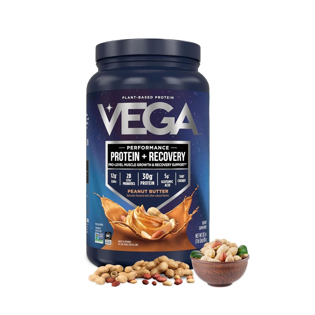 Vega Sport Vegan Protein Powder + Recovery - 30g Plant Based Protein per Serving, Peanut Butter, 19 Servings, 5g BCAA's, Probiotica, NSF Certified, For Shakes & Smoothies, 1.8lbs (Packaging May Vary)