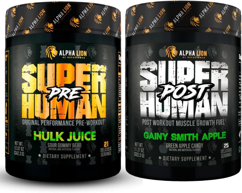 ALPHA LION Superhuman Pre Workout Powder & Post Workout Recovery Bundle, Sustained Energy & Focus + Lean Muscle Growth, Strength & Volume (Hulk Juice & Gany Smith Apple)
