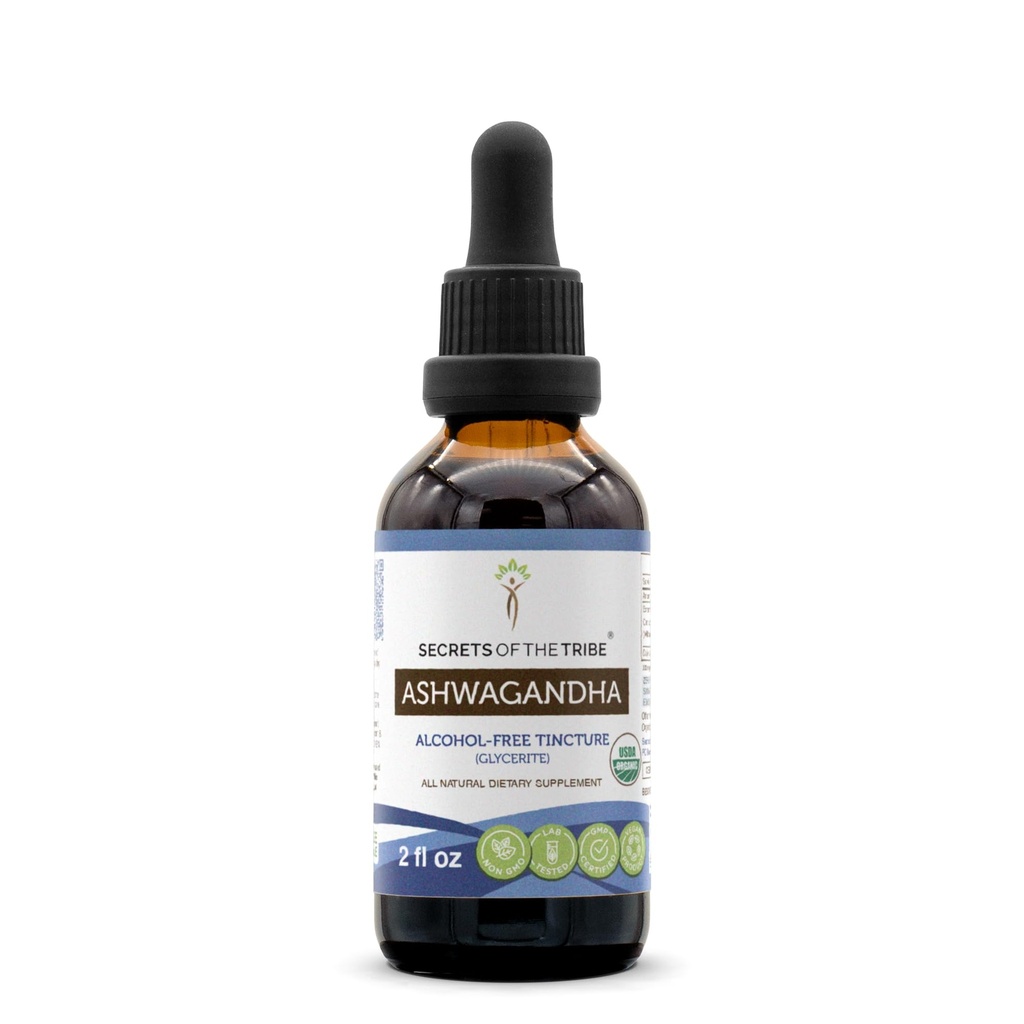 Ashwagandha USDA Extrait sans alcool de teinture biologique, Ashwagandha Withania Somnifera Anti-Stress et Relaxation (2 FL OZ)