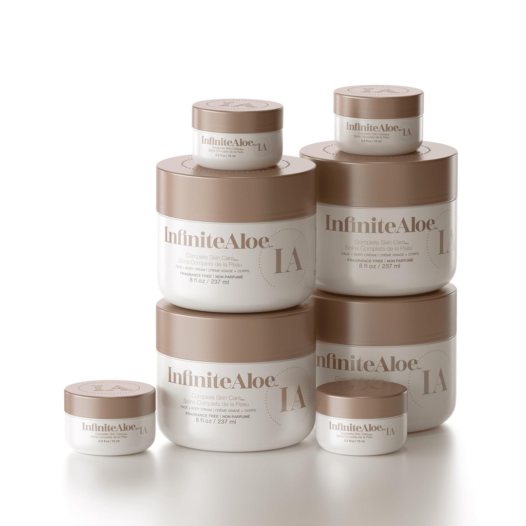 InfiniteAloe complete huidverzorging, Aloë Vera aangedreven gezicht en lichaamscrème voor droge huidverlichting, geurenvrij - 4 Large Jar 8 oz & 4 Travel Jar 0,5 oz