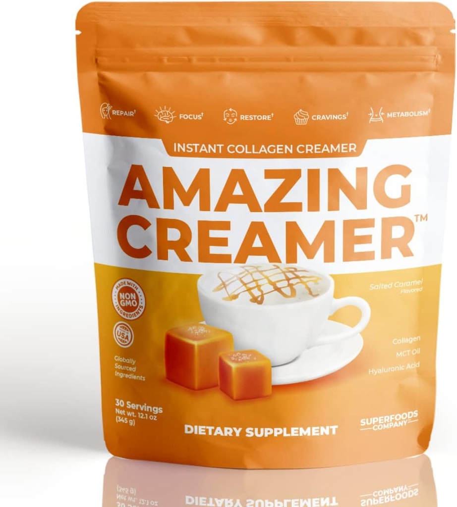 Superfoods Company Amazing Creamer with Collageen - Keto Creamer-Hyaluronic Acid & MCT Oil - Brain Boost & Curbs Cravings - Supports Healthy Skin & Hair - Diet-Friendly [30 Servings] [Salted Caramel]