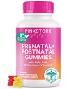 Fécondité de la Storque Rose + Vitamines Gommy prénatales + Vitamines Gommy postnatales – Soutien à la maternité complète – Multivitamines avec folate, vitamine B, zinc et biotine – 60 Gommies de fruits assorties