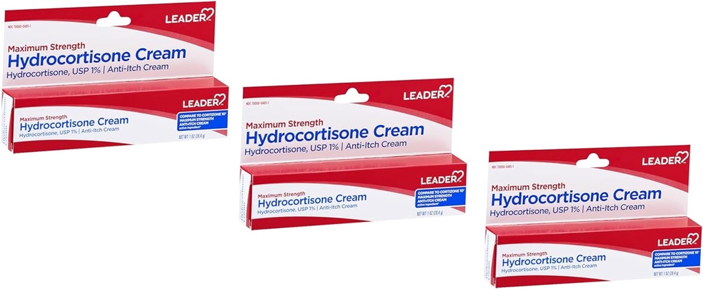 Leader Hydrocortison Cream, anti-Itch Lotion voor psoriasis, maximale sterkte, Instant Itch Relief Cream voor muggenbeten, eczeem, dermatitis, huidinfecties & aambeien, 1 oz (3)