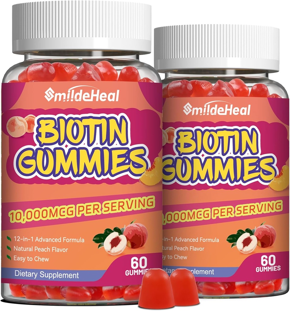 2 Pack Biotin Gummies for Hair Growth 10000 mcg, Hair Skin and Nails Gummy with Folic Acid, Vitamines A, B, C, E & D, Vegan biotin Vitaminen for Women & Men, 120 Gummies