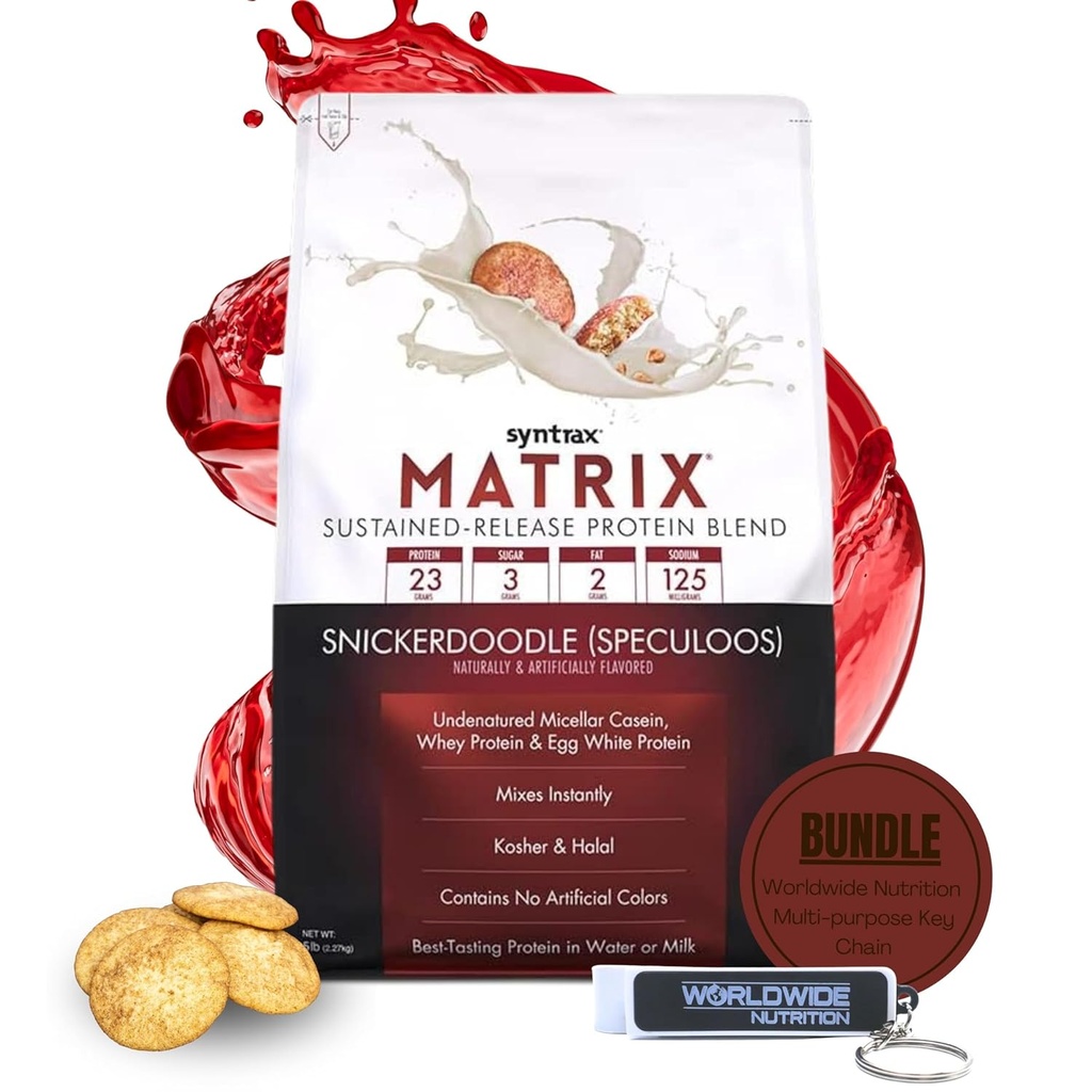 Syntrax Bundle: Matrix Protéines Poudre de caséine à libération prolongée et poudre de protéines de lactosérum - Mélange instantané Snickerdoodle Protéines Poudre Flavor, 5 livres avec la chaîne-clés de nutrition mondiale