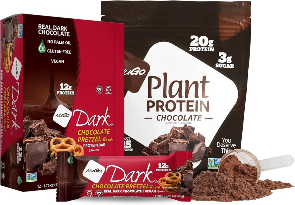 Pretzel au chocolat noir NuGo avec/SS, 12g Protéines végétaliennes, sans gluten, parave casher, non OGM, 12 Poudre de protéines végétales NuGo, chocolat, 20g Protéines, 3g Sucre, 25 portions