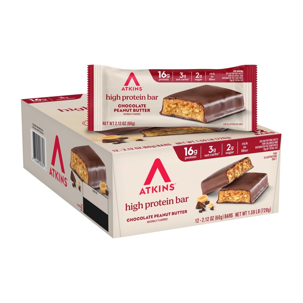 Atkins Chocolate Peanut Butter Protein Meal Bar, High Fiber, 16g Proteïne, Lage Suiker, 3g Net Carb, Low Carb, Keto Friendly, 12 Tellen