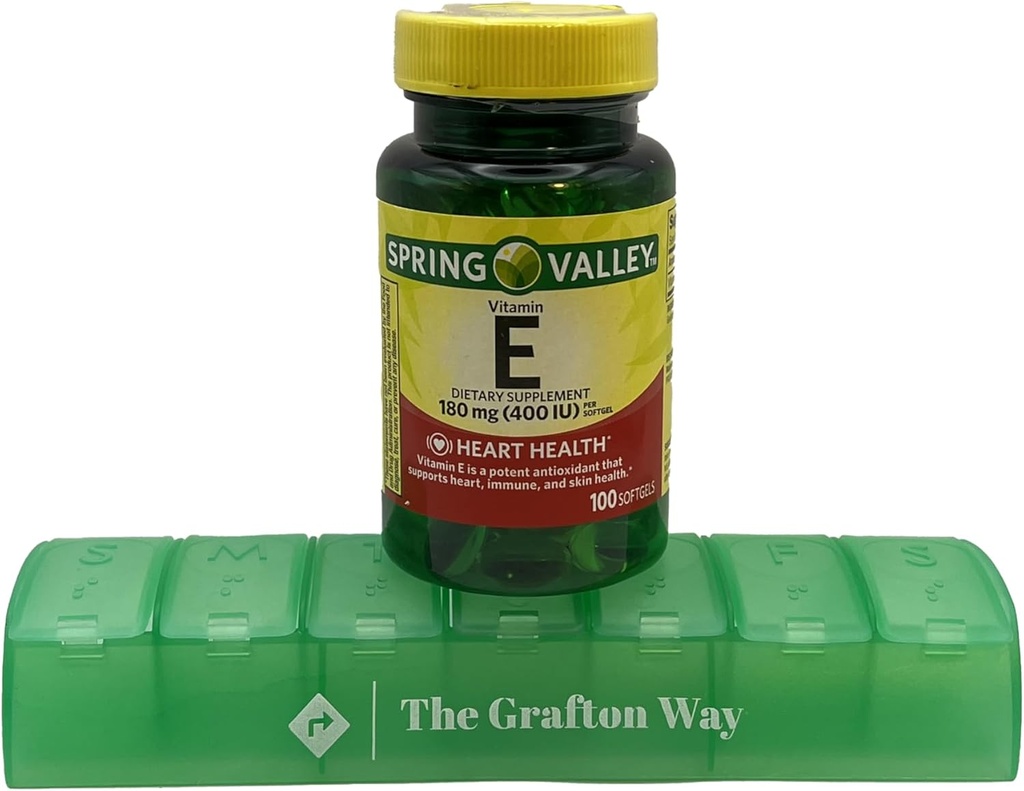 Spring Valley Vitamine E Dieetsupplement, 180 mg, 100 Tel met gratis Grafton Way Pill Organizer