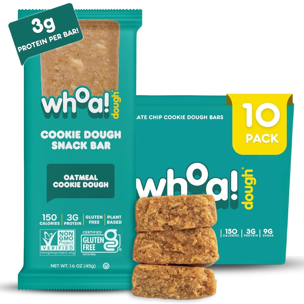 Whoa Dough Eetbare Cookie Deeg Bars- Gecertificeerde Niet-GMO, Kosher en Glutenvrije Bars - Gezonde Snack Foods - Planten gebaseerde Snacks gemaakt met echte ingrediënten - Havermout Cookie Deeg - 10 Pack