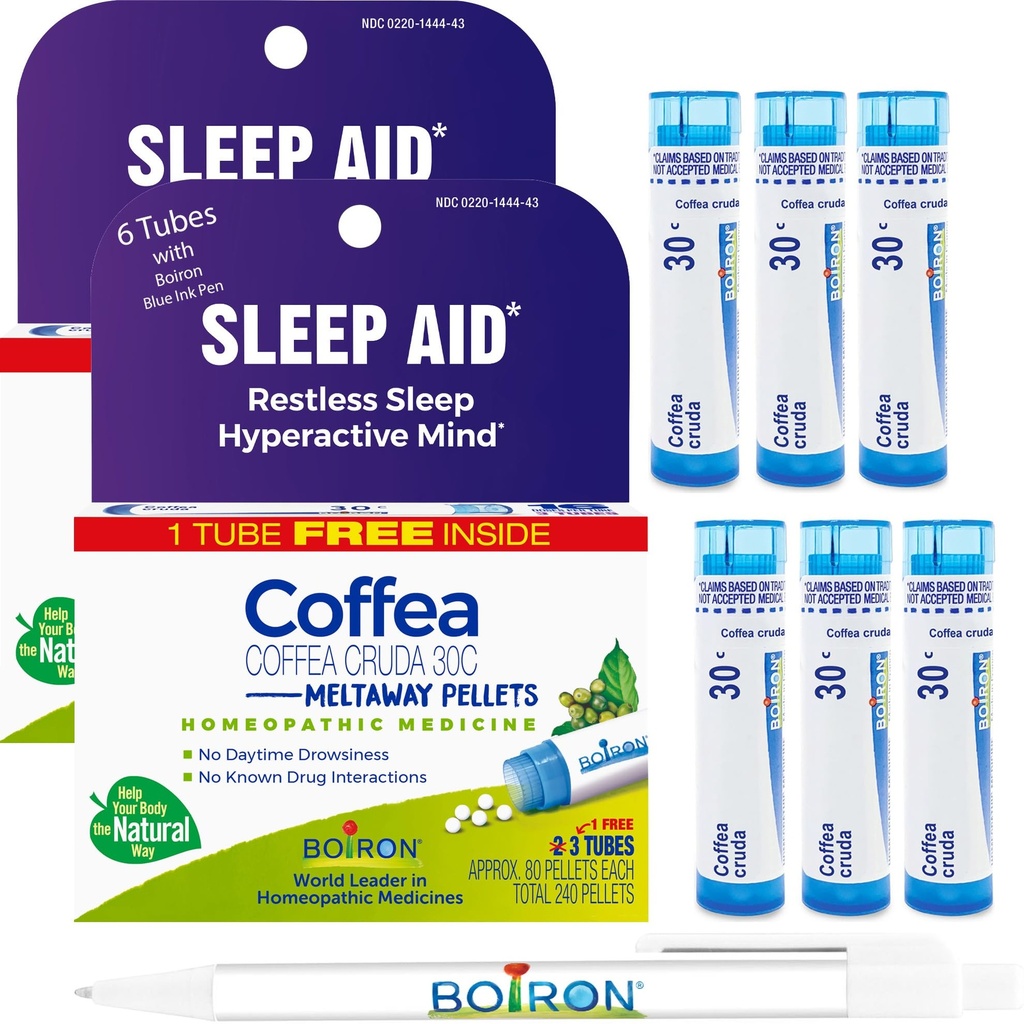 Boiron Coffea Cruda 30C - 6 Total Blue Tubes - Homeopathische slaaphulp voor rusteloze slaap, geestelijke hyperactiviteit, racende gedachten en moeite met slapen met Blue Ink Pen