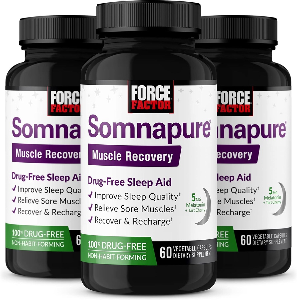 FORCE FACTOR Somnapure Muscle Recovery Slaaphulp voor volwassenen met Melatonine 5 mg, Heilige Basil, en L-Theanine, supplement voor slaapondersteuning, spierpijn verlichting, & spierherstel, 180 Caps, 3-pack