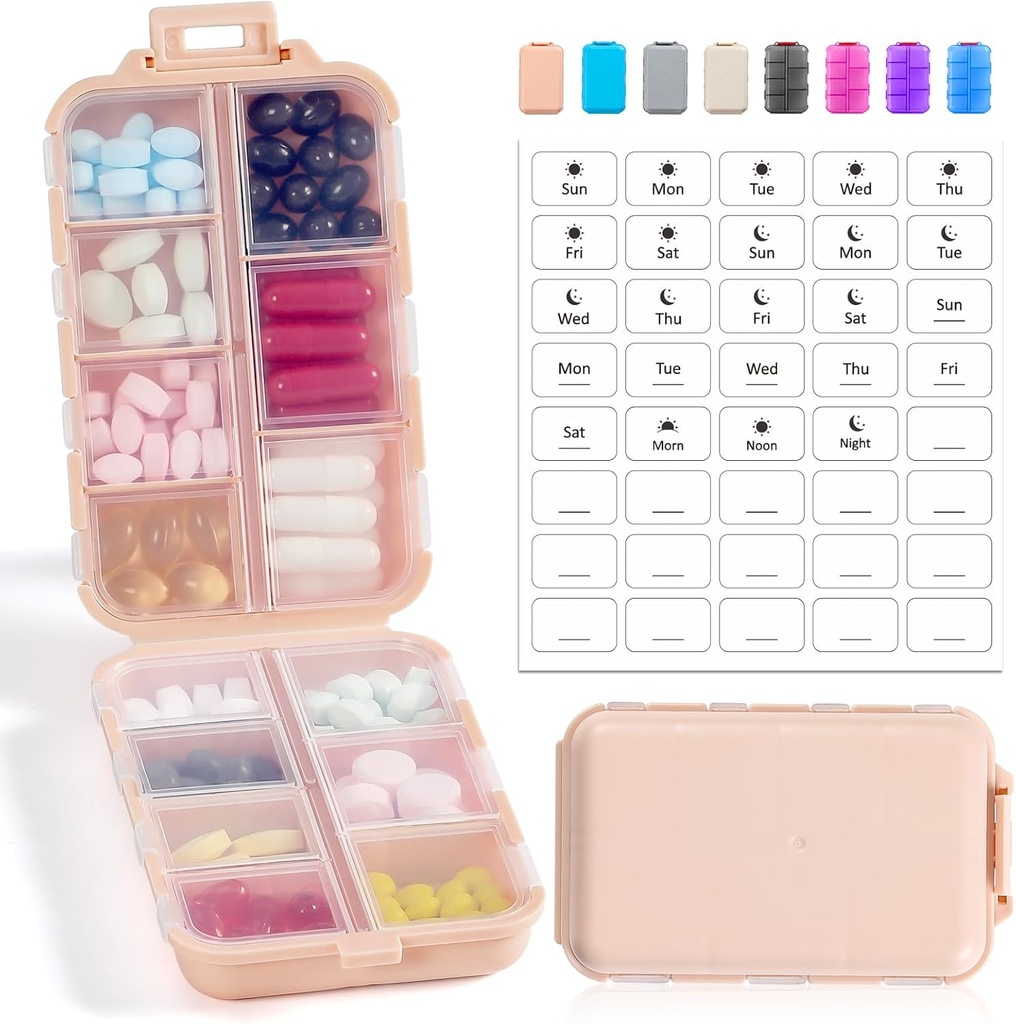 14 GRIDS Travel Pill Organizer Box with labels - Trousse de médicaments de voyage - Pocket Daily Pharmacie Conteneur - Distributeur de médicaments de voyage pour l'huile de poisson - Rose