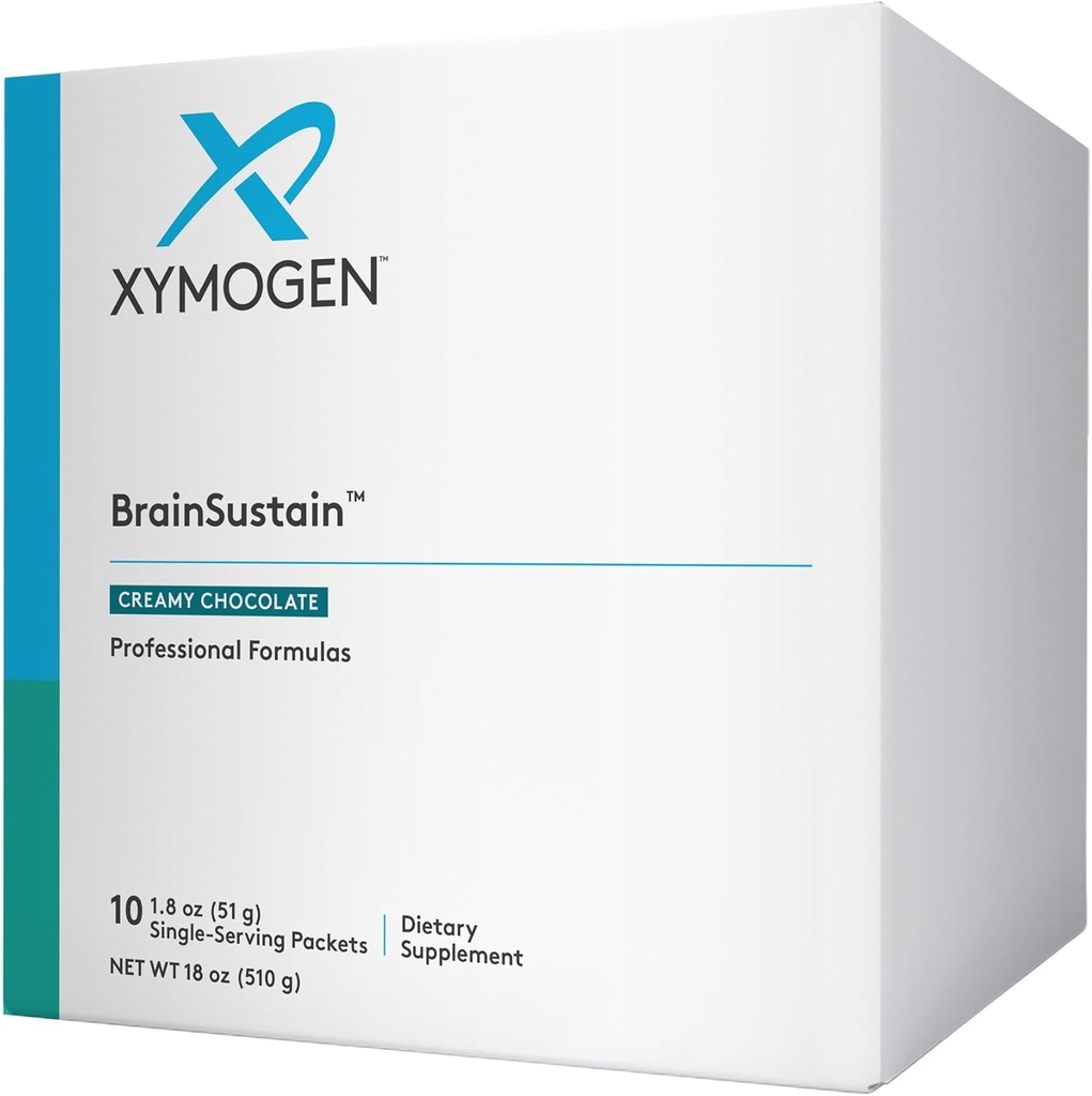 XYMOGEN BrainSustain Powder - Mémoire + Cerveau Support Boissons avec 19g de protéines de pois, B de vitamines, minéraux, acides aminés, Phosphatidylsérine, DHA + CoQ10 - Chocolat crémeux (10 paquets)