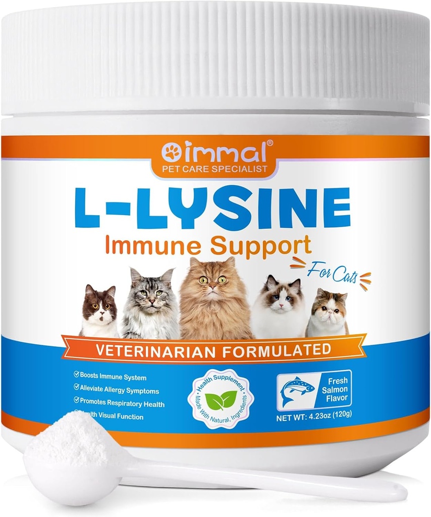 L-Lysine poeder voor katten, Lysine supplement voor katten, ondersteuning immuunsysteem, ademhalingsgezondheid en visuele functie en verlichting van de Allergie, Huisdieren Gezondheid levert multivitaminen, zalm smaak - 4.23 oz / 120 g