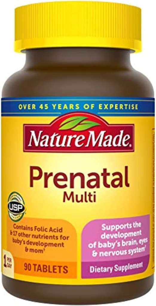 Nature Made Prenatal Multi, 90 Tablets, Foliumzuur + 17 Prenatale vitamines en mineralen ter ondersteuning van de ontwikkeling van de baby en mam, vitamine D3, Calcium, ijzer, jodium, vitamine C, en meer (pakket van 3)