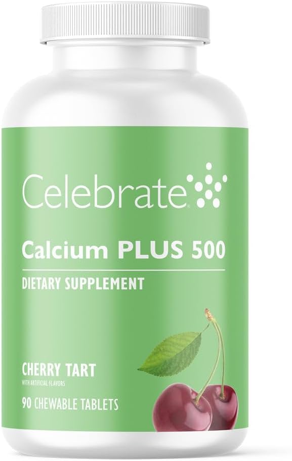 Vier vitamines Calcium Plus - 500 mg Calcium citraat, 333 IE Vitamine D3 & 34 mg Magnesium voor postbariatrische chirurgie - Glutenvrije & suikervrije - Cherry, 90 kauwtabletten