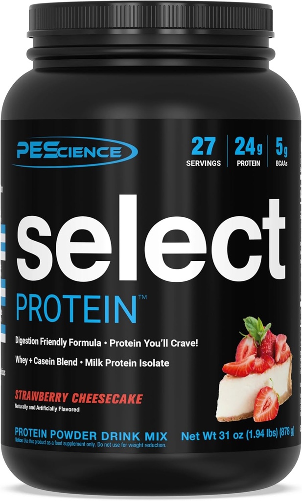 PEScience Select Protein Powder, Wei en Caseïne Blend, Clean Protein Powder for Women and Men, Low Calorie, Low Carb, Keto Friendly, Glutenvrij, Aardbei Cheesecake, 27 porties