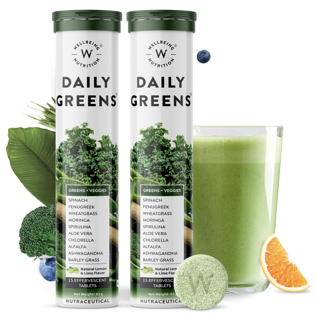 WELLBEING NUTRITION Daily Greens, Wholefood Multivitamin with Vitamin C, Zinc, B6, B12 for Immunity and Detox with 39+ Organic Certified Plant Superfoods & Antioxidants(15Tabs x 2) (63 g (Pack of 2))