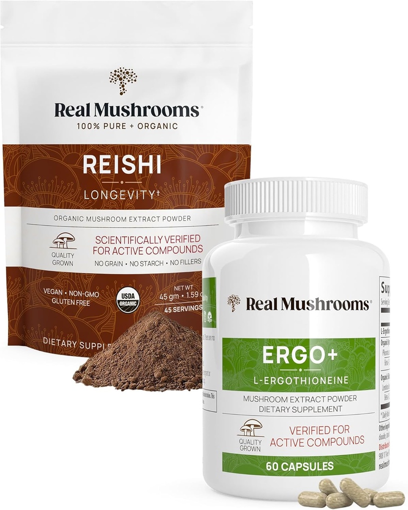 Echte Paddenstoelen Ergothioneine (60ct) en Reishi Biologische Poeder (45 servers) Bundel met Shiitake en Oyster Mushroom Extracten - Langlevendheid en Ontspannen -Veganistisch, Glutenvrij, Non-GMO