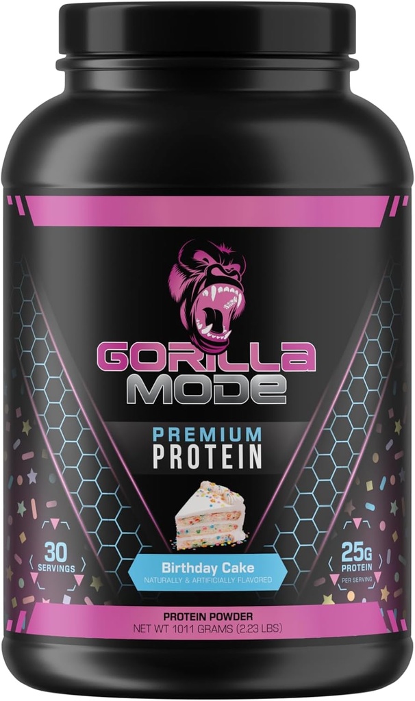 Gorilla Mind Premium Wei Proteïne - Verjaardagstaart, 25 Gram van Wei Proteïne Isolaat & Concentraat, Herstellen en Build Muscle (30 Servers)