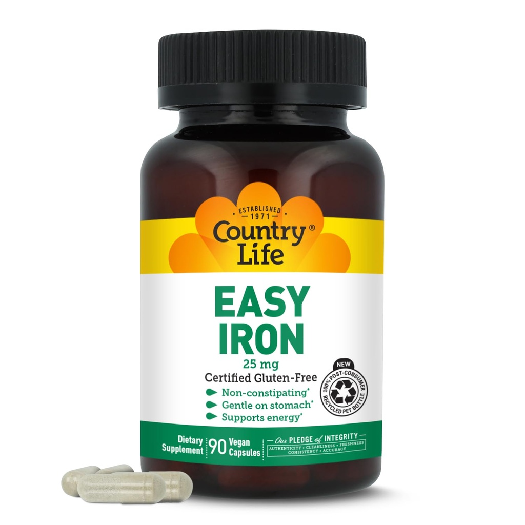 Country Life Easy Fer 25mg Capsules - Ferrochel doux non constipant - Supplément Vitamine Vegan pour les femmes et les hommes - soutient l'énergie corporelle