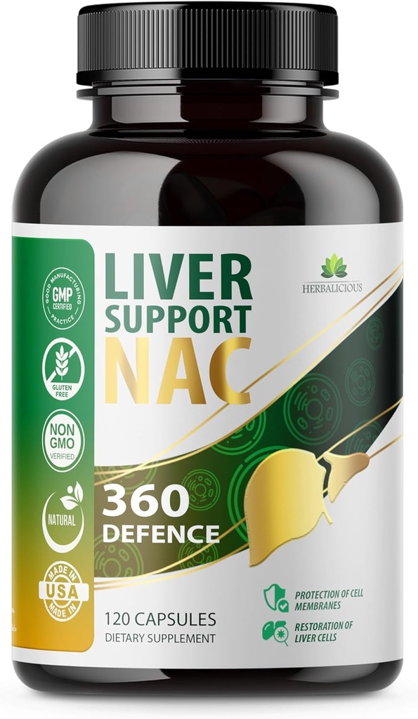 Soutien du foie Capsules de défense NAC 360 – Détox du foie avec NAC, Thistle de lait, Racine de dandelion, Curcuma, Choline, Zinc et Chanca Piedra – Promotion de la santé du foie et protection cellulaire – 120 Capsules