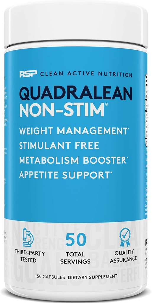 RSP Nutrition QuadraLean - Stimulant Free Weight Management, Metabolisme Booster, Energy & Appetite Support - CLA, L-Carnitine, Green Tea Extract, Non-Stim Formula, 50 Serv (Verpakking mei Vary)