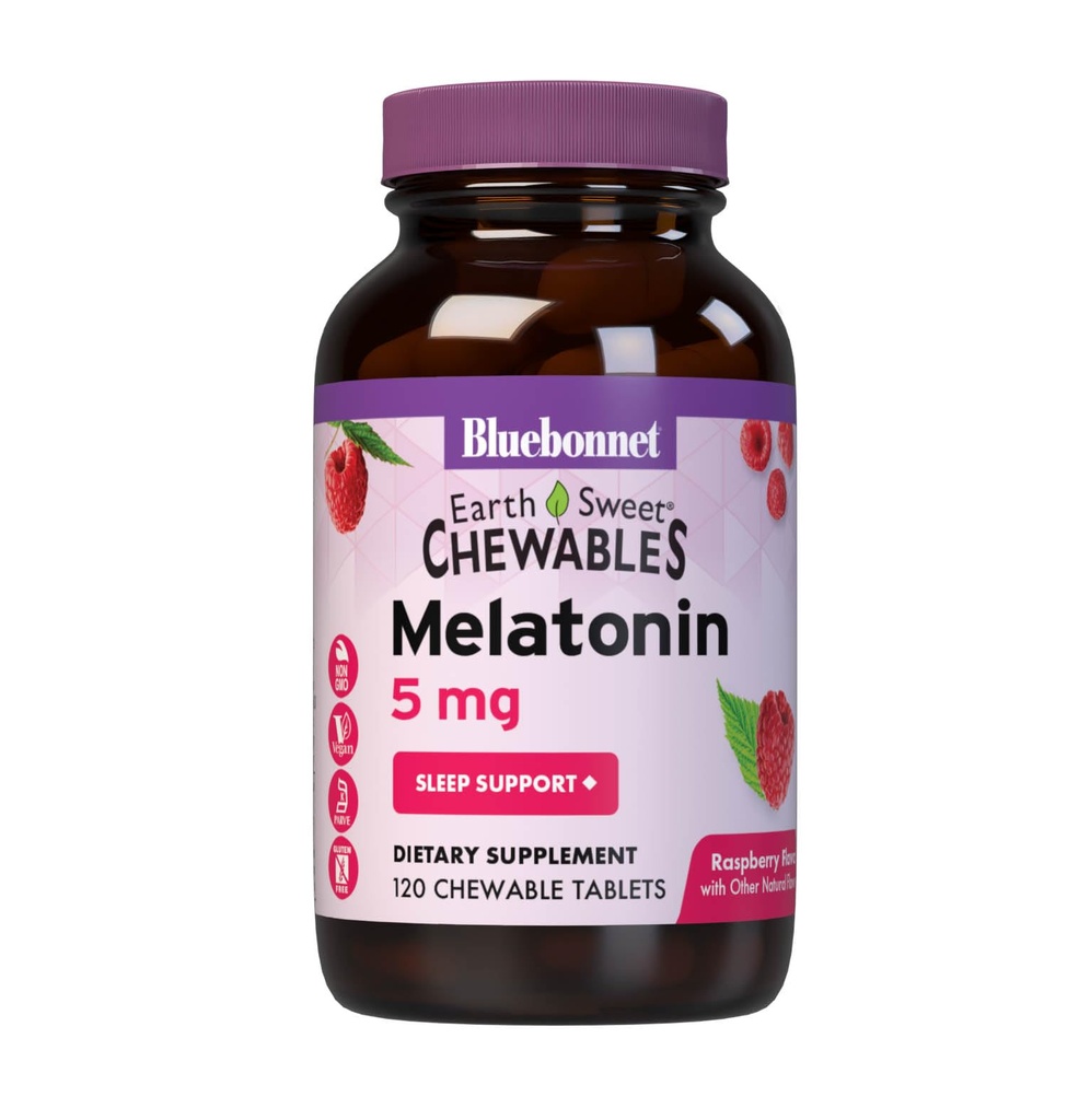 Bluebonnet Voeding EarthSweet Melatonine 5 mg Snelwerkende Snel Oplossen Nachtrust en Rustige Slaapondersteuning - Slaaphulp - Glutenvrij, Veganistisch - Raspberry Flavor - 120 Kauwtabletten
