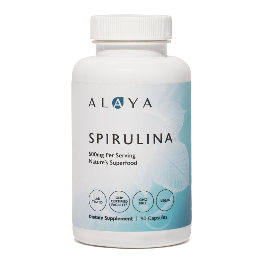 Alaya Naturals Pure Spirulina Capsules – Hawaiian-Grown Blue Green Algae Superfood, Non-GMO, Vegan – 500mg, 90 Capsules