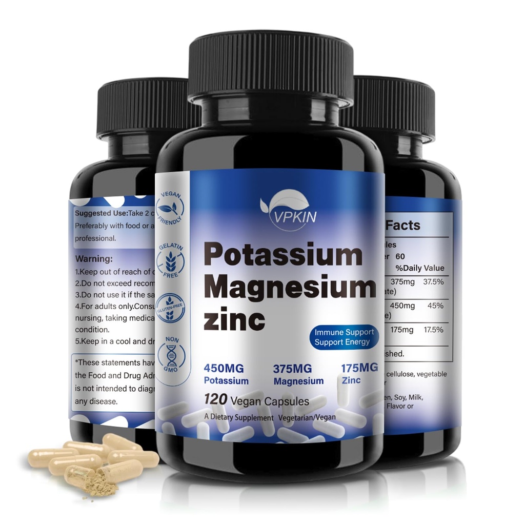 Kalium Magnesium Supplement 1000mg, Magnesium Kalium Zink Aspartaat Ondersteuning Vasculaire, Bot, Hart, Spier & Zenuw Gezondheid, Non-GMO, Vegan, (120 Capsules)