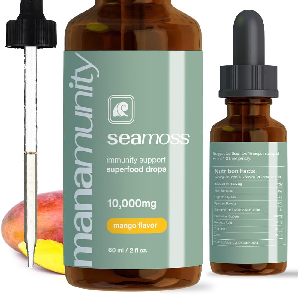 Sea Moss Liquid Drops 10.000 mg Biologische Irish Sea Moss Gel met 350 mg Burdock Root Supplement & 20.000 mg Spirulina Immune Support, Joint & Thyroid Support - Vegan (Mango)