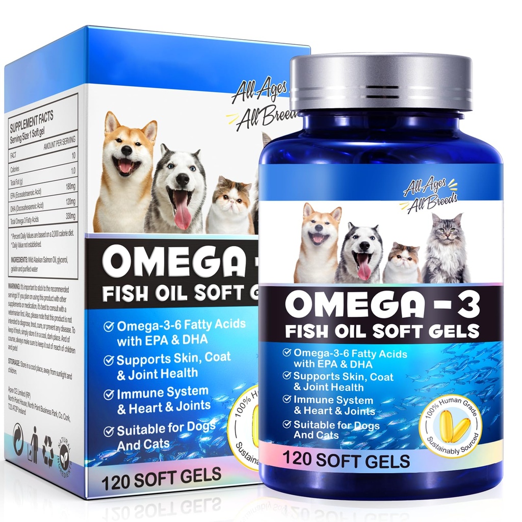 Omega-3 Visolie voor honden, Omega 3 Visolie met EPA & DHA ondersteunt Honden Seizoensgebonden Allergieën Relief, Verhoogt Immuunfunctie, Itch Huidrelief & Promote Coat Health, Pet Supplementen - 120 Zachte Gels