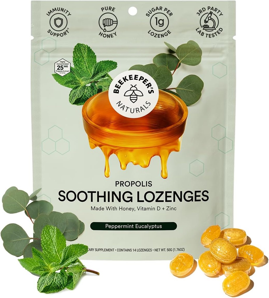 Bijenhouders Natuurlijken Kalmerende Munt Eucalyptus Hoestdruppels, Immune Ondersteuning met Vitamine D, Zink en Propolis, Koelen & Throat kalmerende Lozen, 14 Ct