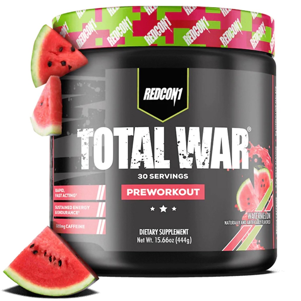 REDCON1 Total War Pre Workout, pastèque - L Citrulline, acide malique, extrait de feuille de thé vert pour stimuler la pompe pré-entraînement pour les femmes et les hommes - 3.2g Beta Alanine pour réduire l'échappement (30 portions)