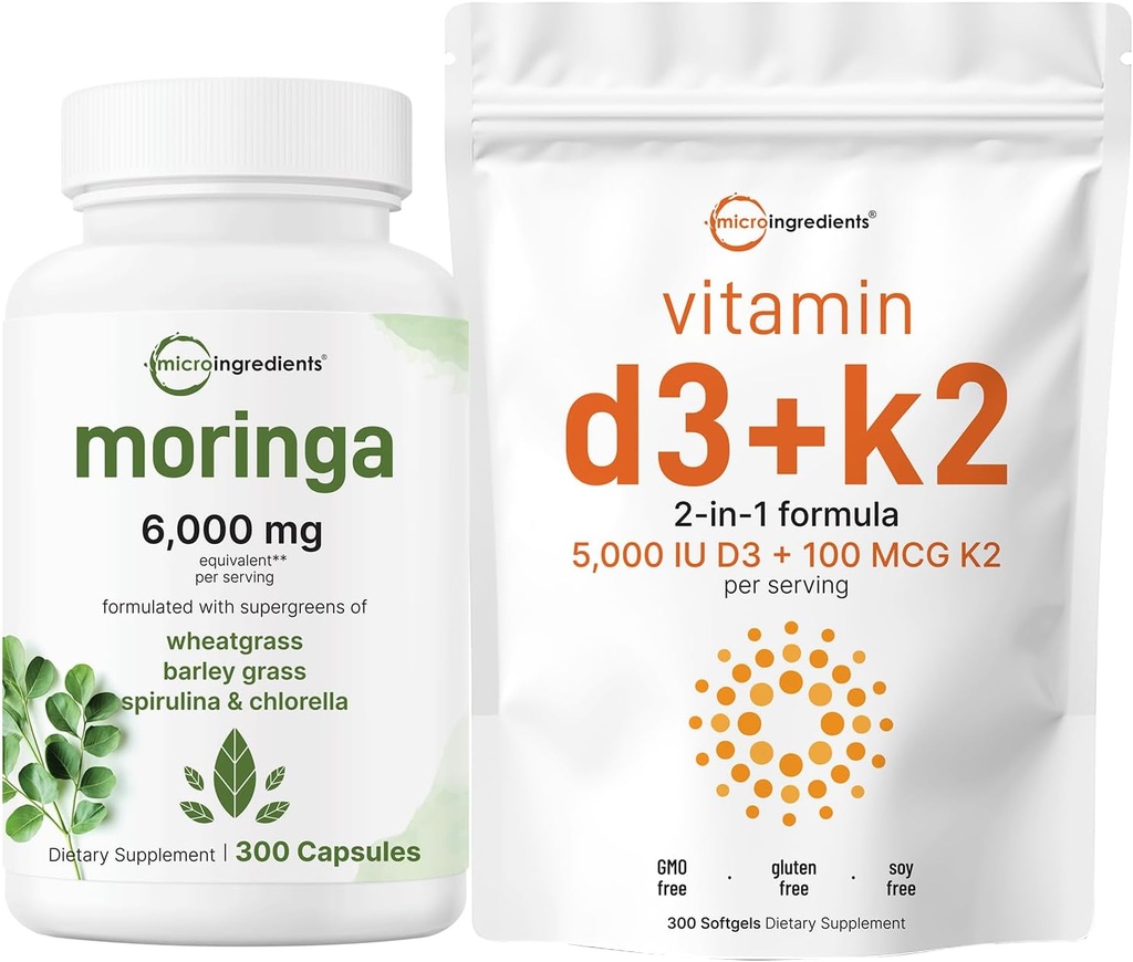 Micro Ingredients Vitamin D3 5,000iu + K2 100mcg Softgels & Moringa Oleifera 6,000mg Equivalent 300 Capsules Bundle 2 Pack | Essential Sunshine Vitamins | Antioxidant Supplement