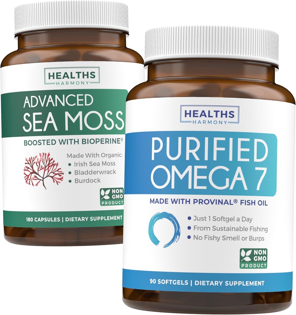 Irish Sea Moss & Omega 7 (3-maandvoorraad) Sea Omega Combo Bundle - Organic Irish Sea Moss - Raw Vegan Supplement (180 Caps) & Omega 7 Softgels - Provinal Sustainable Peruvian Anchovy Fish Oil -90 Caps