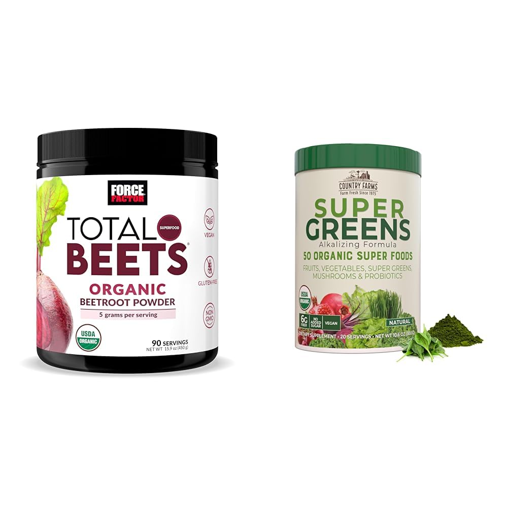Force Factor Total Beets Organic Beetroot Powder and Country Farms Super Greens Drink Mix, 50 Organic Superfoods, 20 Servings