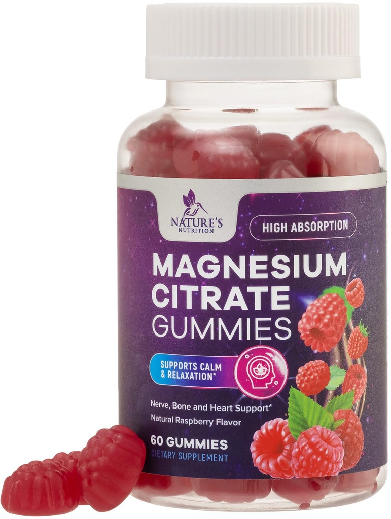 Magnesium Citrate Gummies Supplement - Hoge Absorptie, Vegan Magnesium Gummy Supplement voor volwassenen en kinderen, Magnesio Citrate Gummy Supplementen voor spier, zenuw, bot en hart ondersteuning - 60 Gummies
