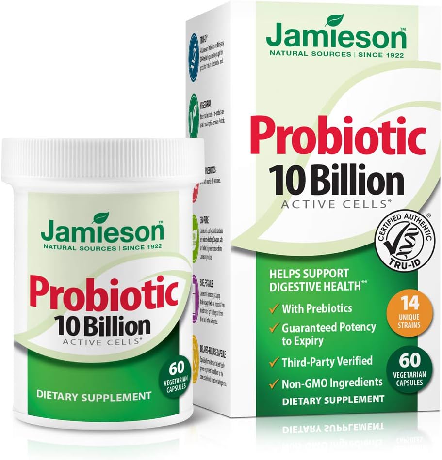 Jamieson Probiotica 10 Miljard - Dagelijkse Probiotische Supplement voor Digestie, Restore Gut Health, en Immuun Systeem Ondersteuning - Probiotica voor vrouwen en mannen (60 Tel).