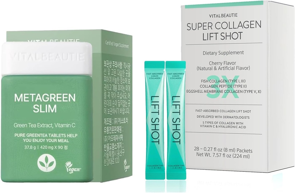 VITALBEAUTIE Metagreen Slim (Groene Thee Extract, EGCG) 30 Servings Liquid Collgen voor vrouwen, Super Collageen Lift Shot