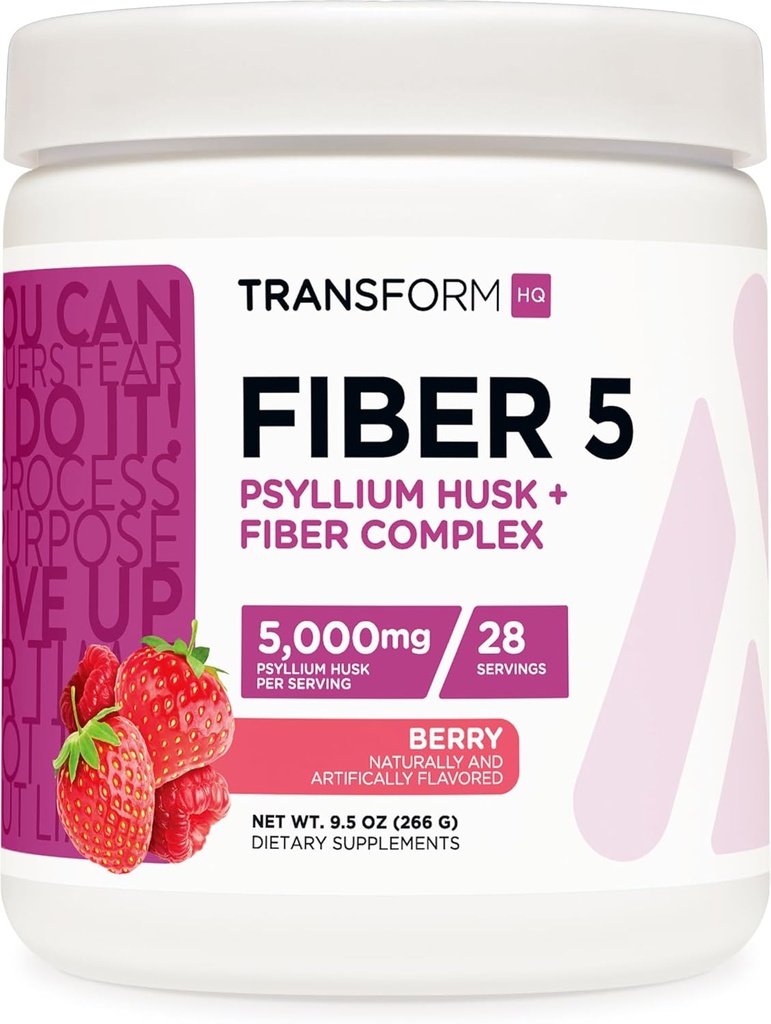 TransformHQ Fiber 5 Psyllium Husk Complex Powder (Berry Flavor) (28 Servings) - 5.000mg Psyllium Husk per Serving - Digestive Health, Natural Supplement, Oplosbare Plant Fiber Blend