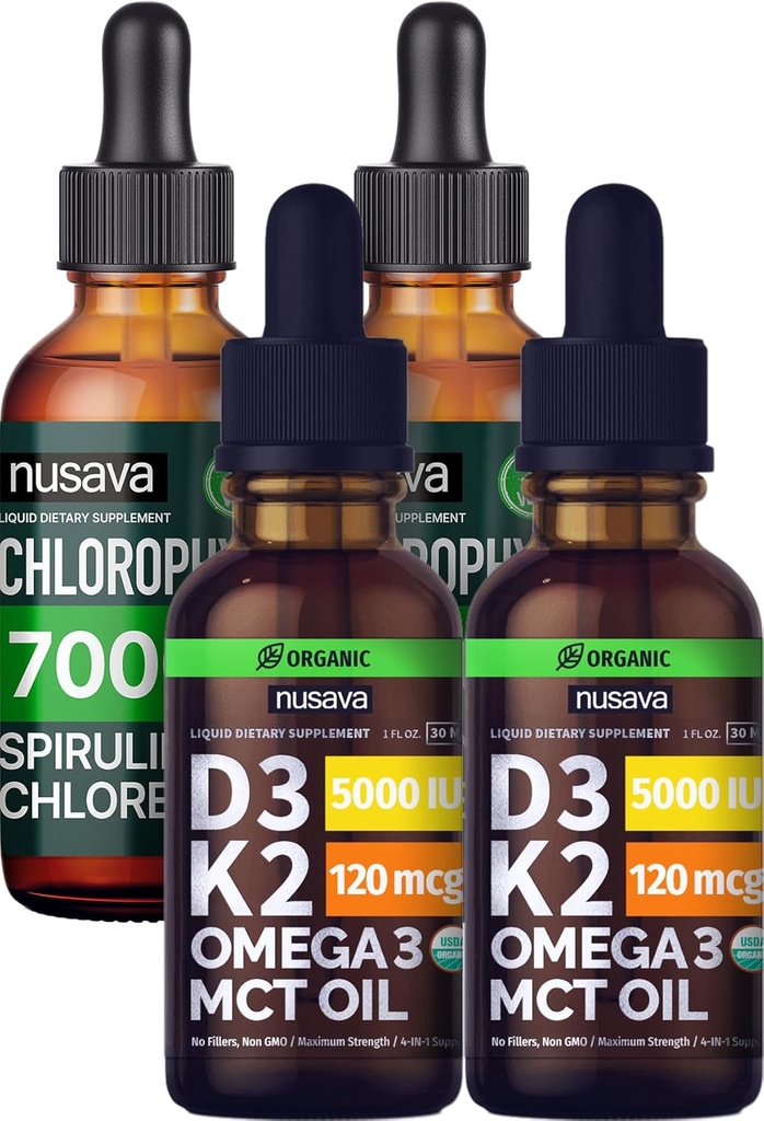NUSAVA Unflavored D3 K2 Drops and Chlorofyl Liquid Drops Bundle - Potent Liquid Vitamins for Heart, Joint, Energy, & Immune Support - Non-GMO, Gluten-Free, 2pk Each