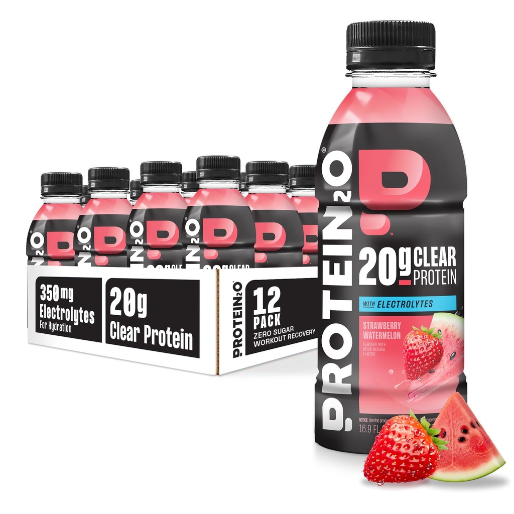 Boissons d'hydratation Protein2o - 2-en-1 Liquid Whey Protein Isolate and Electrolyte Drink - 20g Protéines, Vitamines B5, B6 - Récupération après l'entraînement - 16,9 Fl Oz - 12 Compte pastèque fraise